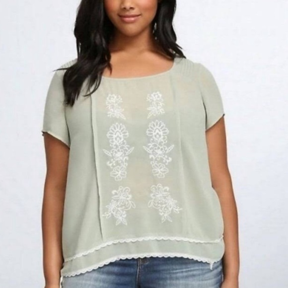 torrid Tops - Torrid Sage Sheer Embroidered Blouse Size 2